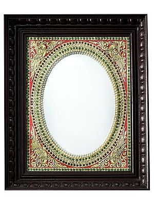 Traditional Mirror with Stone Work | Stone with 24 Karat Gold | Tanjore Painting with Frame