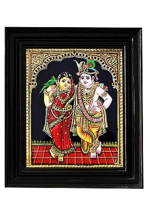 Hindu Deities Rukmani Krishna Tanjore Painting with Frame | Traditional Colour With 24 Karat Gold