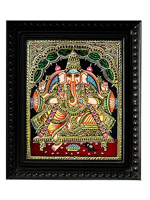 Four Handed Ganesha Seated on Throne | Tanjore Painting with Frame | Traditional Colour With 24 Karat Gold