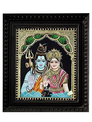 Shiva Parvati Showering Blessings | Traditional Colour With 24 Karat Gold | With Frame