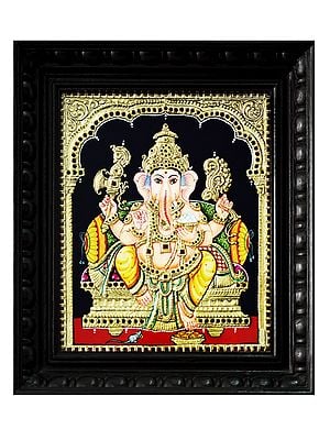 Four Handed Ganesha With Modak | Traditional Colour With 24 Karat Gold | With Frame