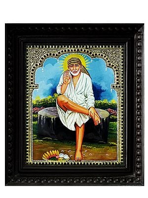 Tanjore Painting of Lord Sai Baba Seated on Log | Traditional Colour With 24 Karat Gold | With Frame