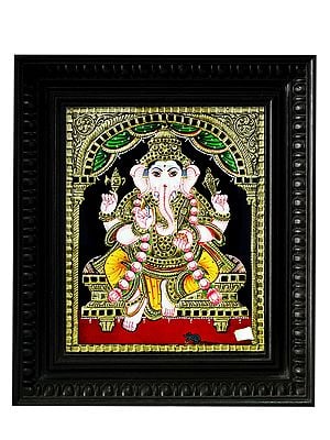 Lord Ganesha Seated Wearing Lotus Garland | Traditional Colour With 24 Karat Gold | With Frame