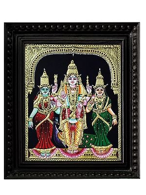 Hindu Deity Murugan Valli Deivanai Standing | Traditional Colour With 24 Karat Gold | With Frame