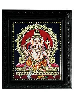 Tanjore Painting of God Ganesha Seated on Royal Throne | Traditional Colour With 24 Karat Gold | With Frame
