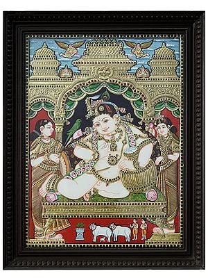 Lord Butter Krishna With Rukmini and Satyabhama | Traditional Colour With 24 Karat Gold | With Frame