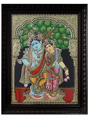 Radha Krishna Tanjore Painting Standing Together Under Tree | Traditional Colour with 24 Karat Gold | With Frame