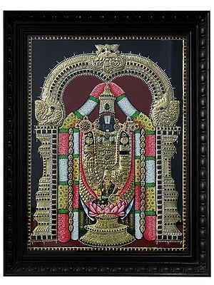 God Balaji with Lakshmi Showering Wealth | Tanjore Painting with Frame | Traditional Colour With 24 Karat Gold