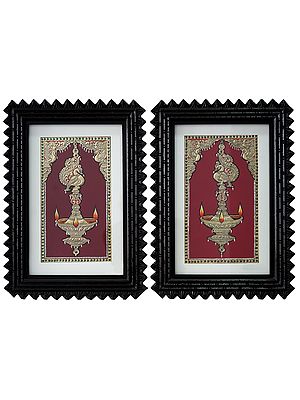 Hindu Ritual Annam Lamp (Set of 2) | Traditional Colour With 24 Karat Gold | Tanjore Painting with Frame