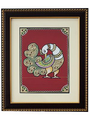 White Peacock with Multicolour Wings | Tanjore Painting with Frame | Traditional Colour With 24 Karat Gold