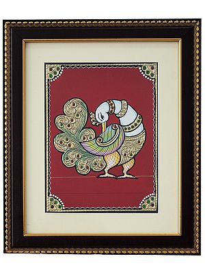 White Peacock With Multicolour Wings | Traditional Colour With 24 Karat Gold | With Frame