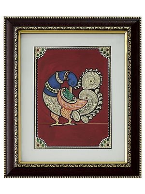Multicolor Peacock with Long Tail | Tanjore Painting with Frame | Traditional Colour With 24 Karat Gold
