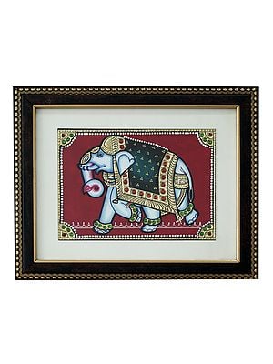 Ornamented Elephant Tanjore Painting with Frame | Traditional Colour With 24 Karat Gold