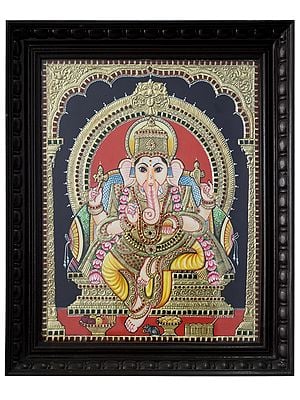 Lord Ganesha Seated On Royal Throne | Traditional Colour With 24 Karat Gold | With Frame