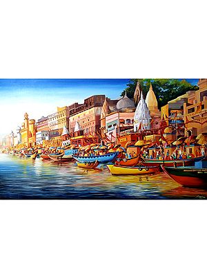 Boats Near River Shore In Varanasi Morning Scene | Sacred India | Canvas Painting