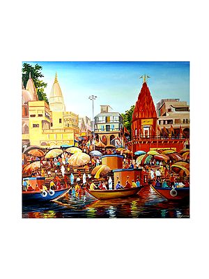 Crowded Near River Shore In Varanasi | Sacred India | Canvas Painting