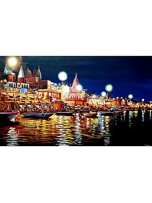 Exquisite Night Time In Varanasi Ghat | Sacred India | Canvas Painting