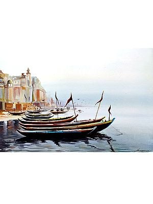 Boats In Queue In Varanasi Shore | Sacred India | Canvas Painting