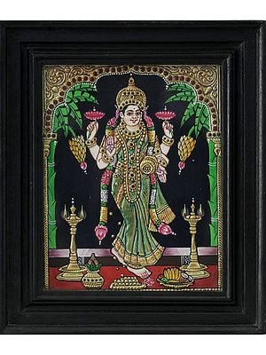 Four Armed Standing Goddess Lakshmi | Traditional Colors with 24 Karat Gold | With Frame