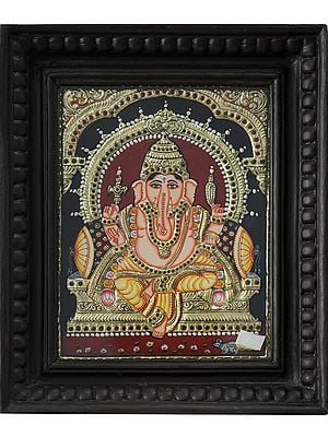 Chaturbhuja Ganesha Seated on Throne | Traditional Colors with 24 Karat Gold | With Frame
