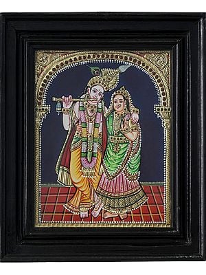 Standing Radha Krishna Tanjore Painting with Frame | Traditional Colors with 24 Karat Gold