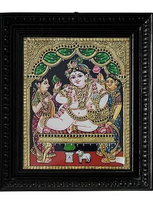 Butter Krishna Tanjore Painting with Frame | Traditional Colors with 24 Karat Gold