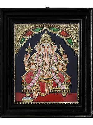 Sitting Chaturbhuja Lord Ganesha | Traditional Colors with 24 Karat Gold | With Frame