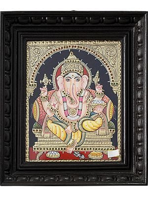 Chaturbhuja Lord Ganesha Seated on Throne | Traditional Colors with 24 Karat Gold | Tanjore Painting with Frame