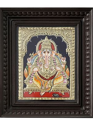 Lord Ganapati Seated on Throne | Traditional Colors with 24 Karat Gold | Tanjore Painting with Frame