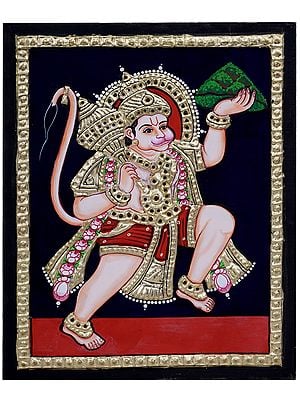 Lord Hanuman Carrying Sanjeevani | Traditional Colors with 24 Karat Gold