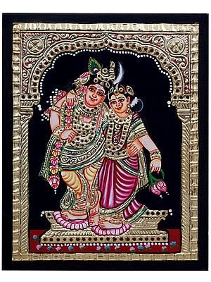 Standing Radha Krishna Tanjore Painting | Traditional Colors with 24 Karat Gold