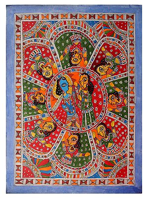 Radha Krishna Around Ashtabharya | Madhubani Painting