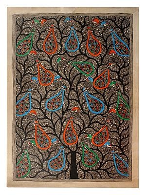 Tree Full Of Peacocks | Madhubani Painting
