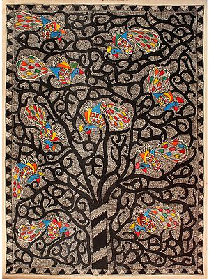Tree Full Of Colourful Peacocks | Madhubani Painting