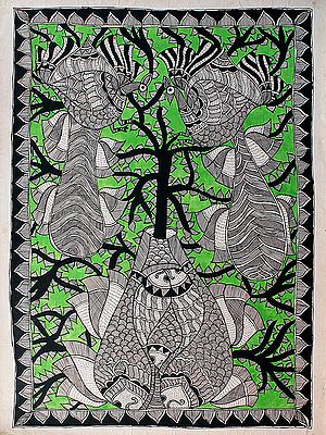 Peacock On Tree Inside Patterned Pot | Madhubani Painting