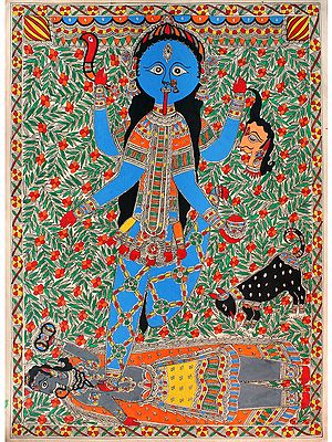 Furious Kali Standing On Shiva | Madhubani Painting
