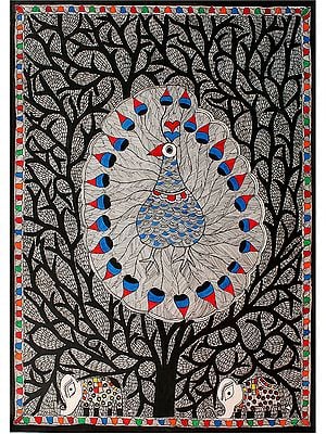 Tree With Peacock at Center | Madhubani Painting