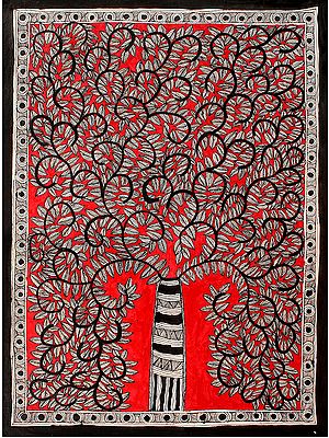 Dense Tree In Red Background | Madhubani Painting