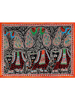 Elephants and Peacocks In Forrest | Madhubani Painting