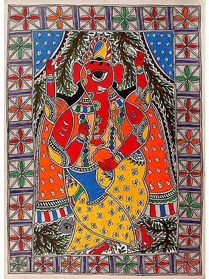 Red Ganesha Standing | Madhubani Painting