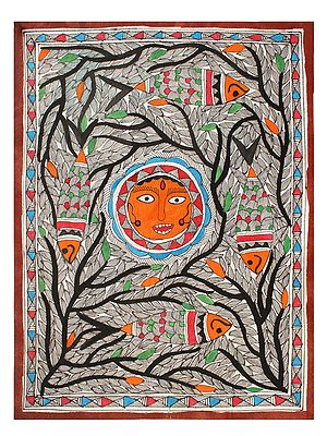 The Sun with Fishes and Tree | Madhubani Painting