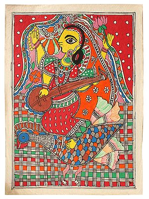Goddess Saraswati with Swan | Madhubani Painting
