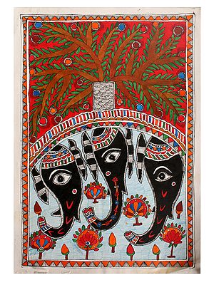 Three Black Elephants Face | Madhubani Painting