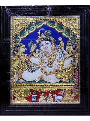 Lord Butter Krishna Tanjore Art | Traditional Colors with 24 Karat Gold l With Frame