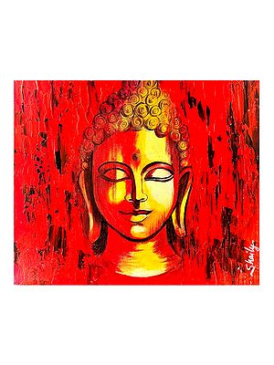 Meditating Buddha Head In Red Background | Acrylic On Canvas