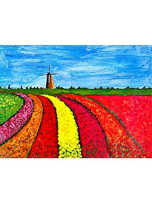 Windmill in the Tulip Lawns | Painting by Shaily Verma | Without Frame