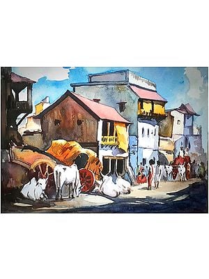 Bullock Cart In Village | Watercolour On Paper