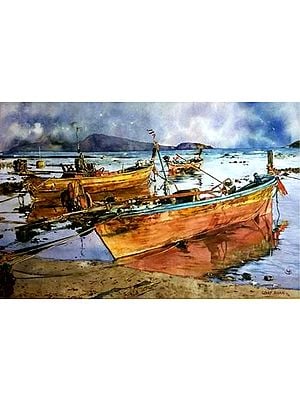 Wooden Boats on Sea Shore | Watercolour on Paper