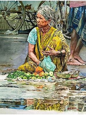 Wrinkled Lady Selling Vegetables | Watercolour On Paper