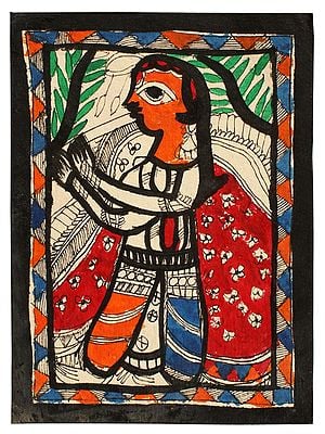 Standing Lady Madhubani Painting | Natural Colors on Handmade Paper